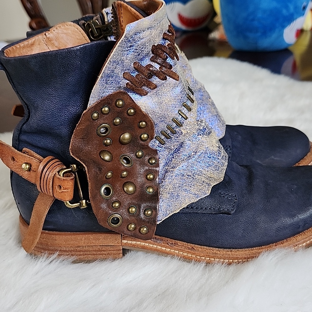 A.S. 98 Navy Blue and Tan Leather Studded Boho Ankle Boots, 37 - Picture 15 of 15